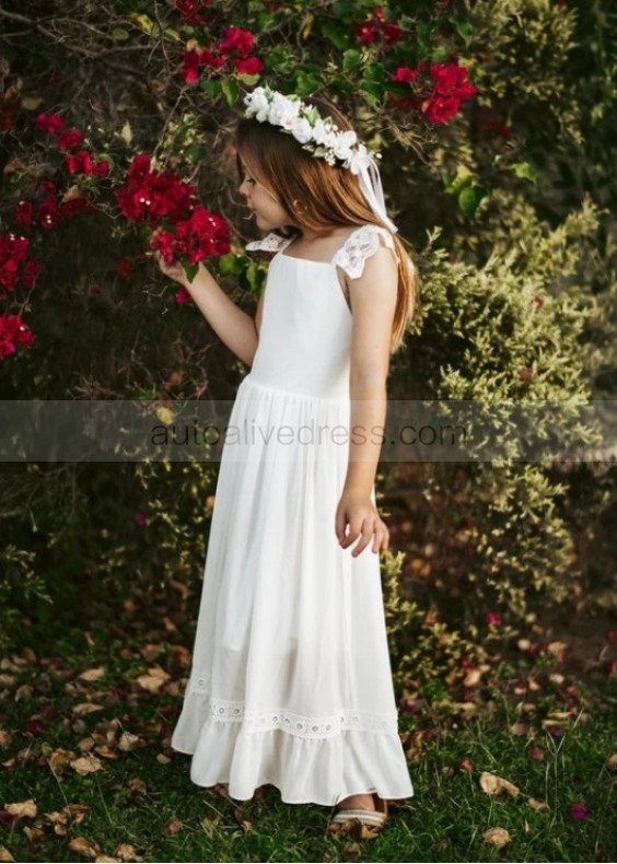Ivory Lace Chiffon Cross Back Bohemian Flower Girl Dress